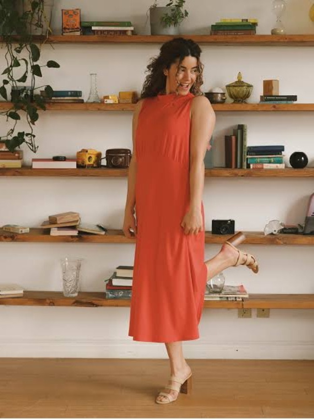 Sleeveless stretchy Orange Midi Dress with pockets - Smash + Tess